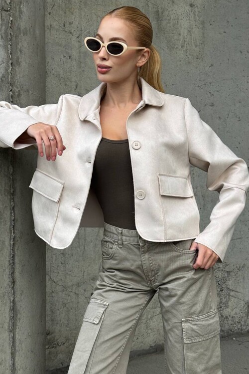 Düğmeli Cep Detaylı Süet Ceket