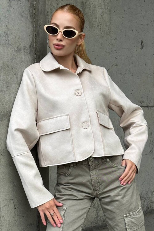 Düğmeli Cep Detaylı Süet Ceket