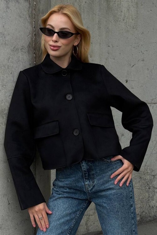 Düğmeli Cep Detaylı Süet Ceket