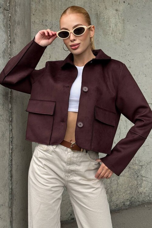 Düğmeli Cep Detaylı Süet Ceket