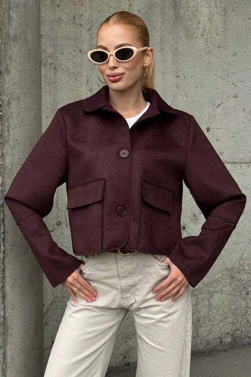 Düğmeli Cep Detaylı Süet Ceket