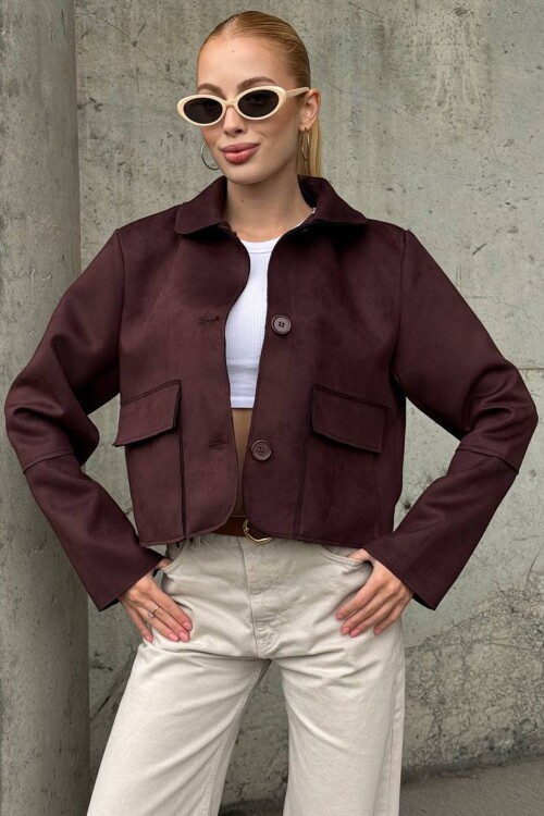 Düğmeli Cep Detaylı Süet Ceket