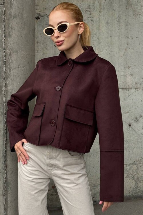 Düğmeli Cep Detaylı Süet Ceket