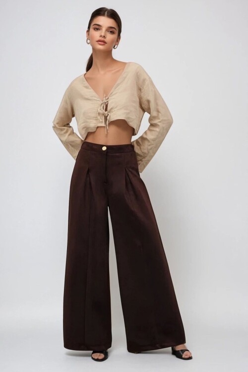 Düğmeli Pileli Palazzo Pantolon