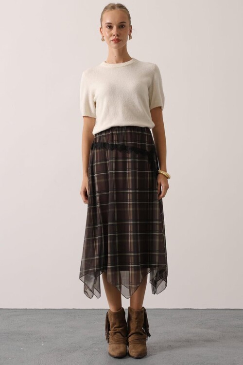 Ekoseli Asimetrik Kesim Dantelli Etek