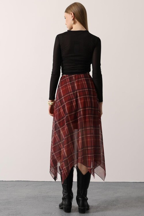 Ekoseli Asimetrik Kesim Dantelli Etek