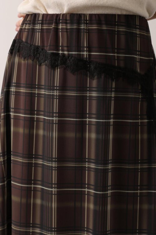 Ekoseli Asimetrik Kesim Dantelli Etek