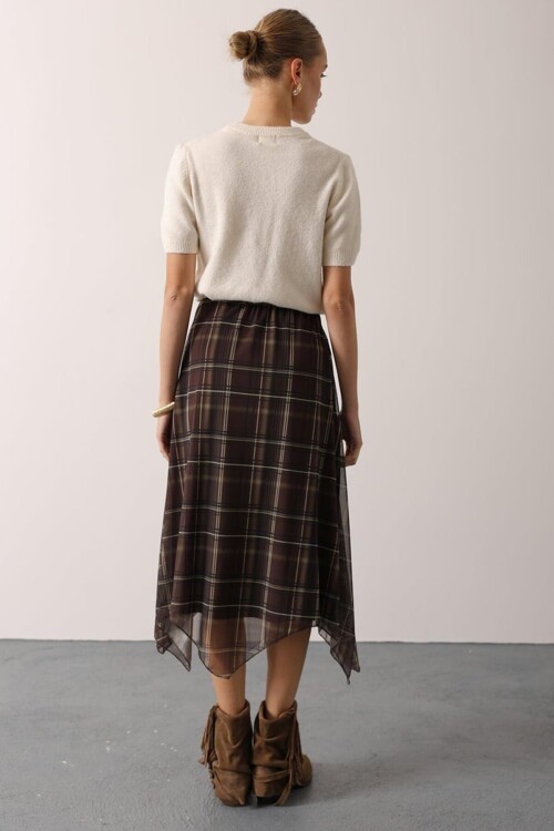 Ekoseli Asimetrik Kesim Dantelli Etek