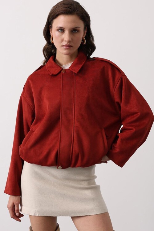 Fermuar Kapamalı Gömlek Yaka Bomber Süet Ceket