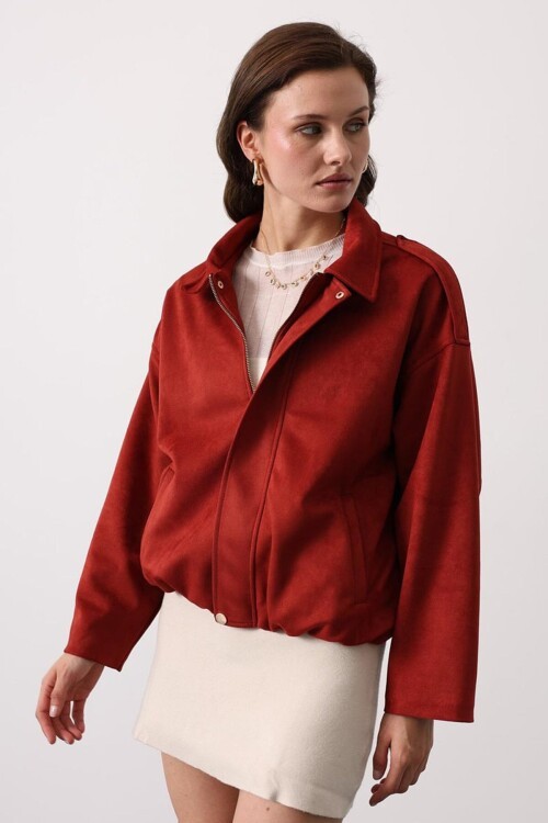Fermuar Kapamalı Gömlek Yaka Bomber Süet Ceket