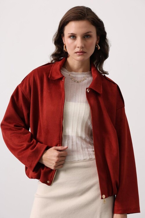 Fermuar Kapamalı Gömlek Yaka Bomber Süet Ceket