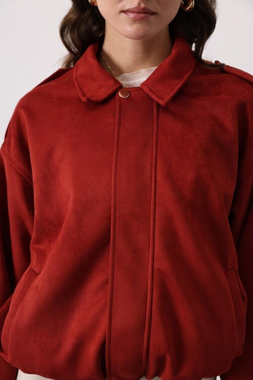 Fermuar Kapamalı Gömlek Yaka Bomber Süet Ceket