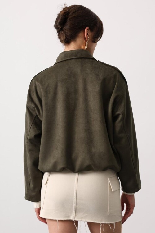 Fermuar Kapamalı Gömlek Yaka Bomber Süet Ceket