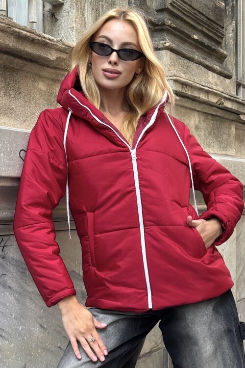 Fermuarlı Kapüşonlu Ççift Cepli Şişme Mont