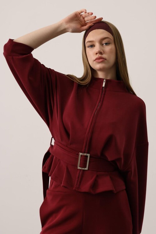 Fermuarlı Kemer Detaylı Dik Yaka Bluz