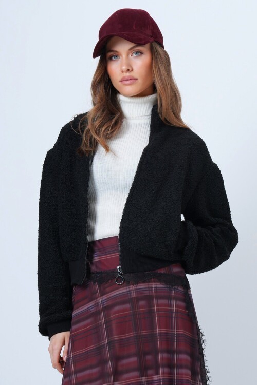 Fermuarlı Peluş Dokulu Kolu Ribanalı Ceket