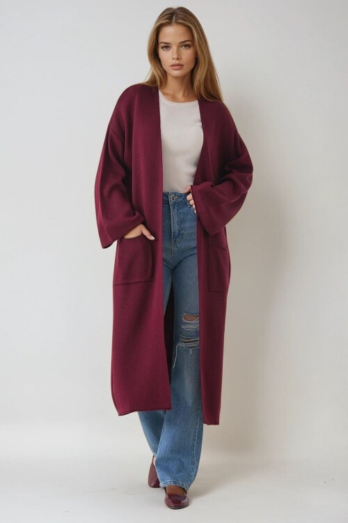 Geniş Kol Çift Cepli Uzun Triko Hırka