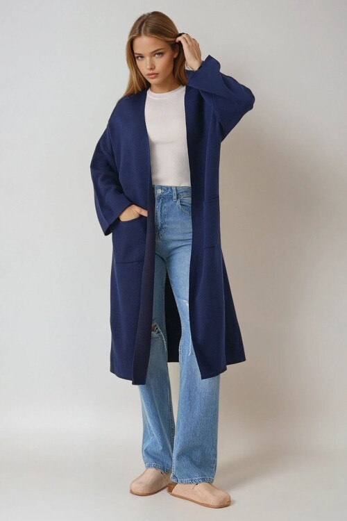 Geniş Kol Çift Cepli Uzun Triko Hırka