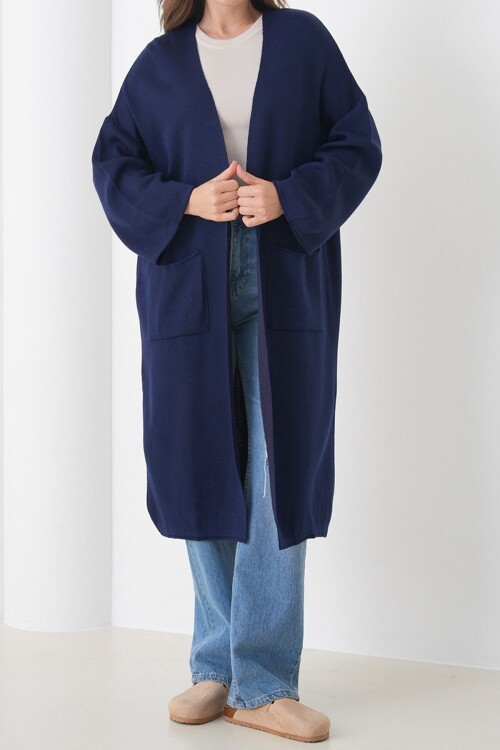 Geniş Kol Çift Cepli Uzun Triko Hırka