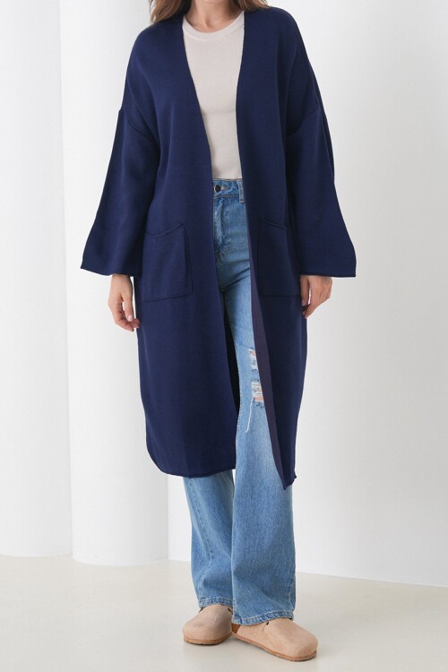 Geniş Kol Çift Cepli Uzun Triko Hırka