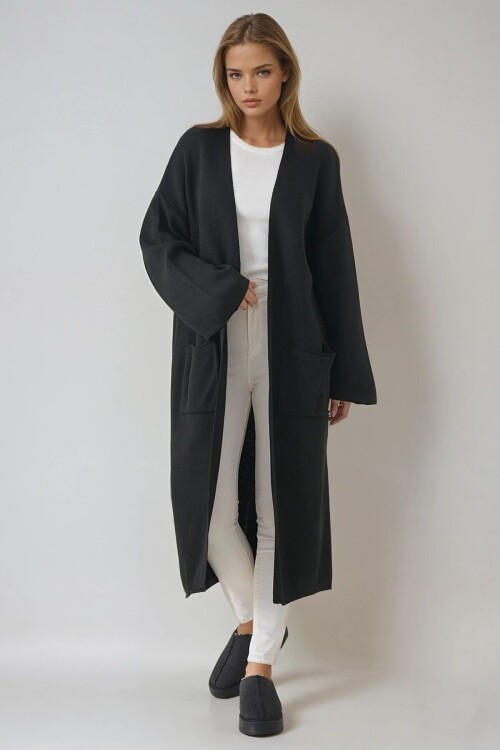 Geniş Kol Çift Cepli Uzun Triko Hırka