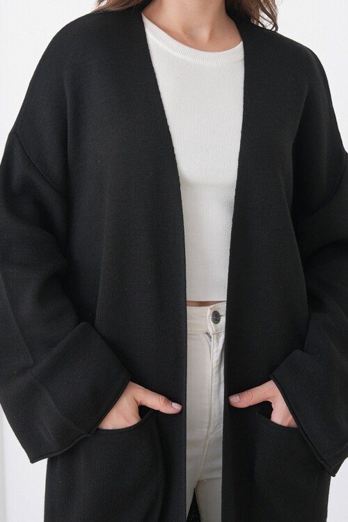 Geniş Kol Çift Cepli Uzun Triko Hırka