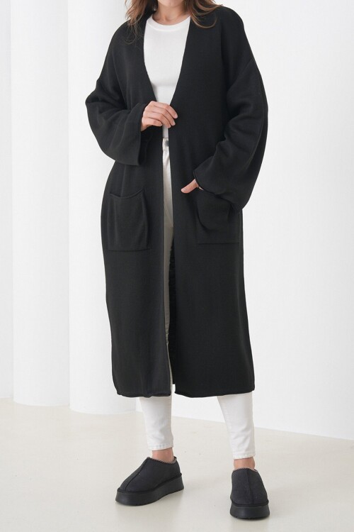 Geniş Kol Çift Cepli Uzun Triko Hırka