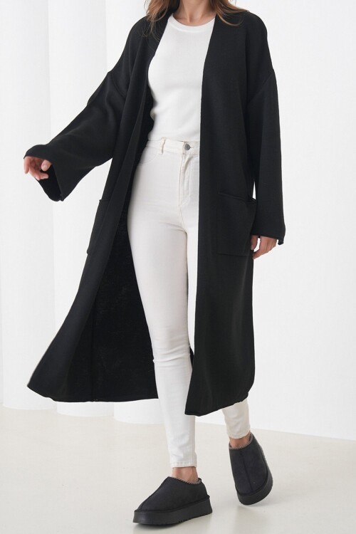 Geniş Kol Çift Cepli Uzun Triko Hırka