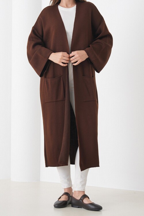 Geniş Kol Çift Cepli Uzun Triko Hırka