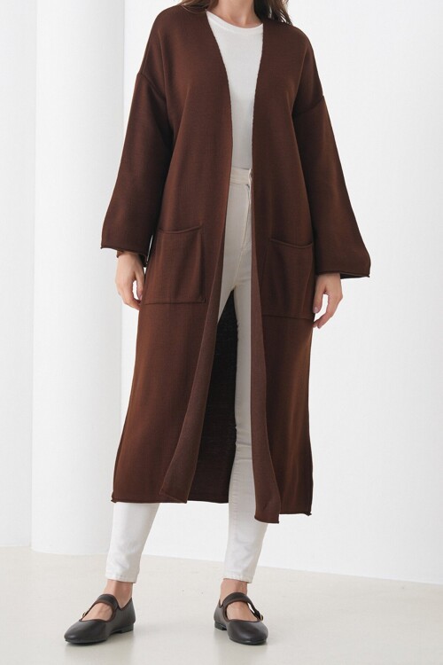 Geniş Kol Çift Cepli Uzun Triko Hırka