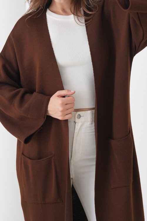 Geniş Kol Çift Cepli Uzun Triko Hırka