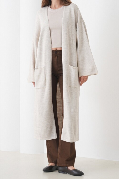 Geniş Kol Çift Cepli Uzun Triko Hırka