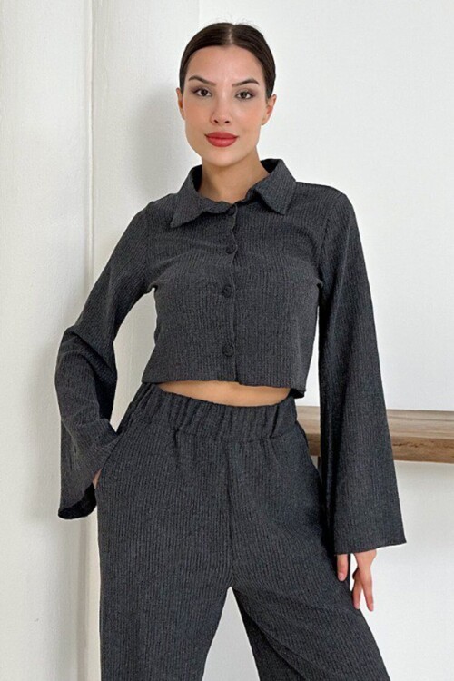Geniş Kol Crop Gömlek Ve Beli Lastikli Pantolon Fitilli Takım