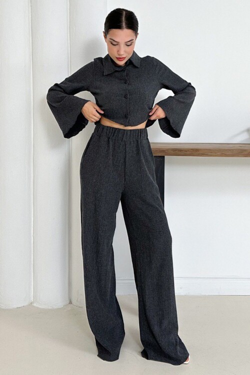 Geniş Kol Crop Gömlek Ve Beli Lastikli Pantolon Fitilli Takım