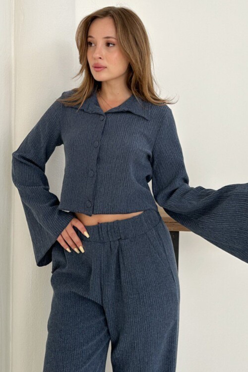 Geniş Kol Crop Gömlek Ve Beli Lastikli Pantolon Fitilli Takım