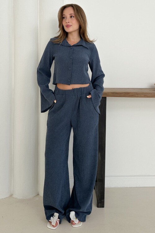 Geniş Kol Crop Gömlek Ve Beli Lastikli Pantolon Fitilli Takım