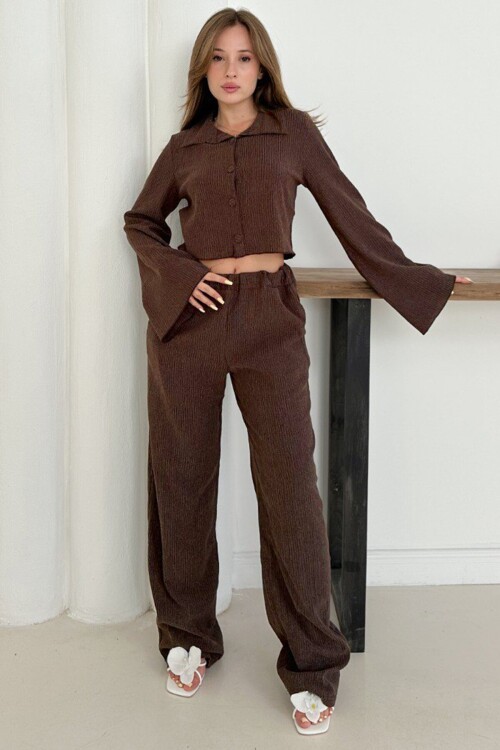 Geniş Kol Crop Gömlek Ve Beli Lastikli Pantolon Fitilli Takım