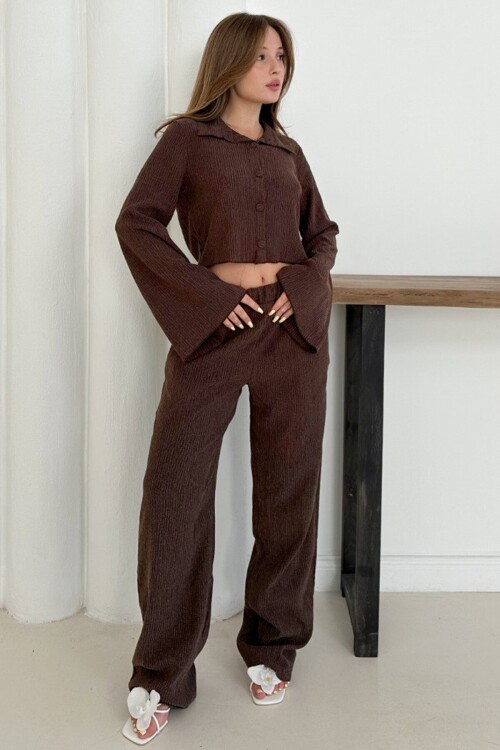 Geniş Kol Crop Gömlek Ve Beli Lastikli Pantolon Fitilli Takım