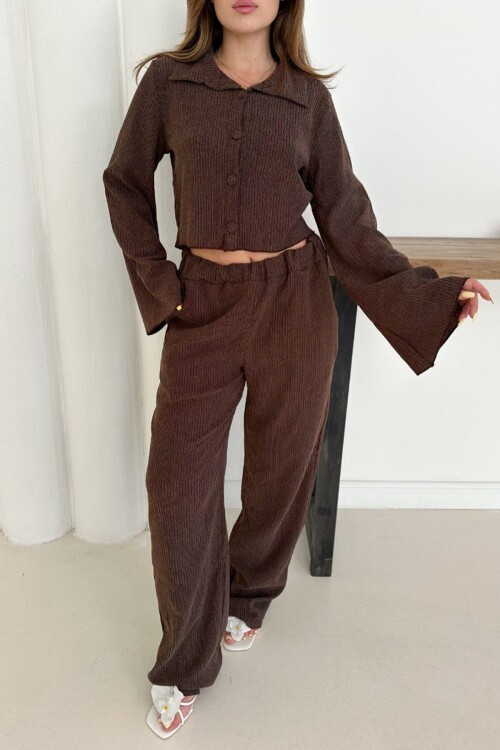 Geniş Kol Crop Gömlek Ve Beli Lastikli Pantolon Fitilli Takım