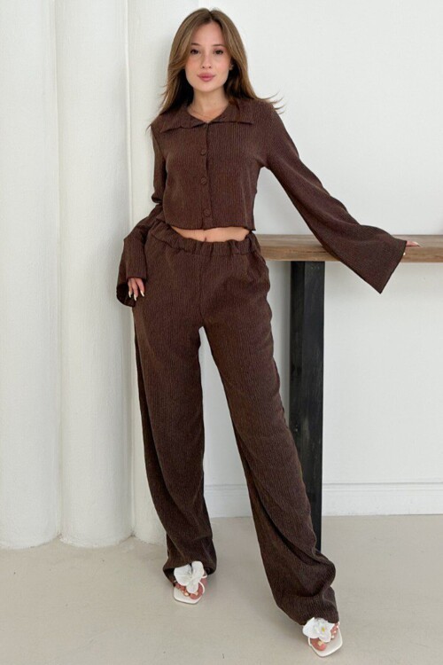 Geniş Kol Crop Gömlek Ve Beli Lastikli Pantolon Fitilli Takım