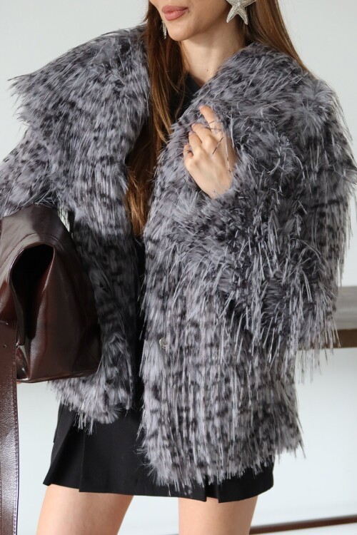 Geniş Yaka Püsküllü Premium Kürk Ceket