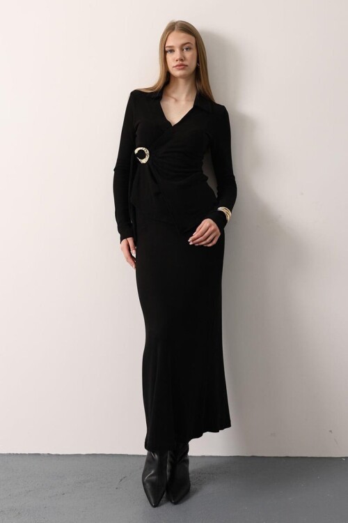 Gold Toka Detaylı Bluz Ve Beli Lastikli Midi Boy Etek Yumoş Takım