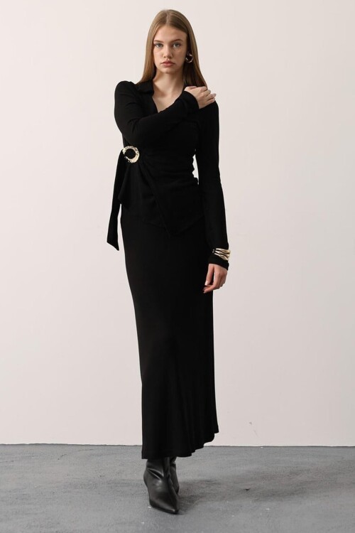 Gold Toka Detaylı Bluz Ve Beli Lastikli Midi Boy Etek Yumoş Takım