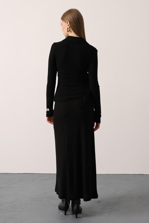 Gold Toka Detaylı Bluz Ve Beli Lastikli Midi Boy Etek Yumoş Takım