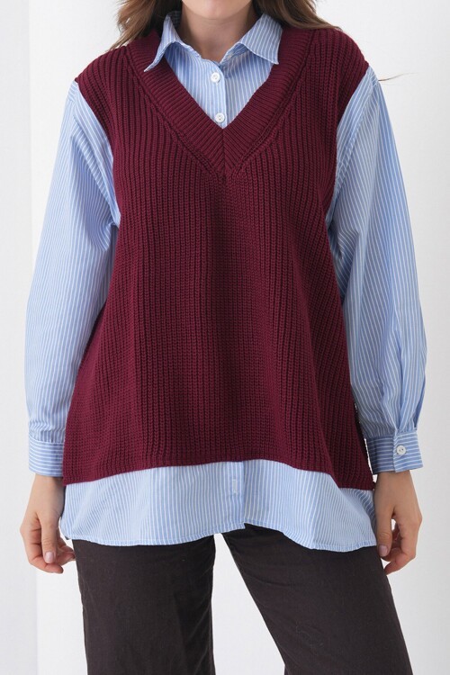 Gömlek Detaylı V Yaka Triko Süveter Bluz