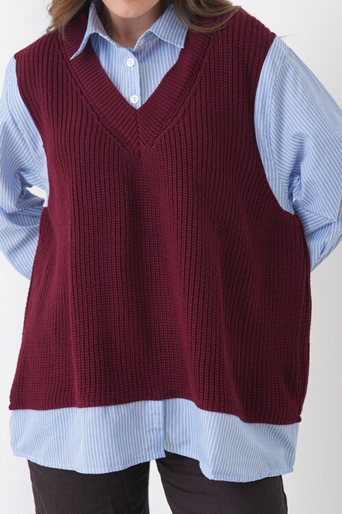 Gömlek Detaylı V Yaka Triko Süveter Bluz