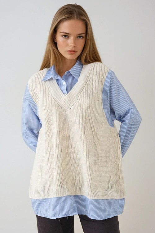 Gömlek Detaylı V Yaka Triko Süveter Bluz