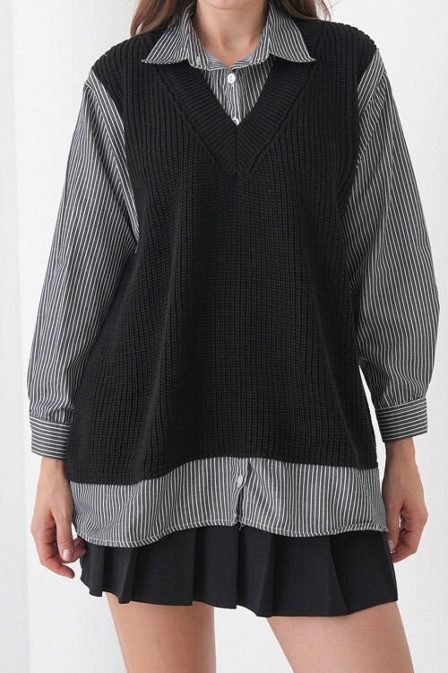 Gömlek Detaylı V Yaka Triko Süveter Bluz