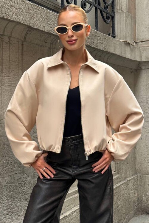 Gömlek Yaka Beli ve Kolları Lastikli Bomber Ceket