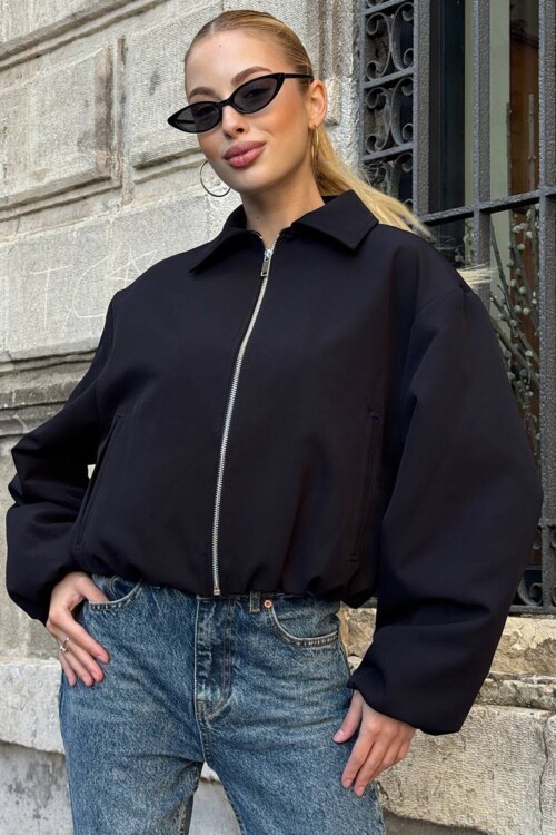Gömlek Yaka Beli ve Kolları Lastikli Bomber Ceket